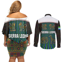 Sierra Leone Couples Matching Off Shoulder Short Dress and Long Sleeve Button Shirt with Tribal Animal Pattern Featuring Lion Elephant Giraffe and Monkey