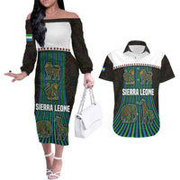 Sierra Leone Couples Matching Off The Shoulder Long Sleeve Dress and Hawaiian Shirt with Tribal Animal Pattern Featuring Lion Elephant Giraffe and Monkey