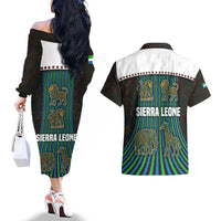 Sierra Leone Couples Matching Off The Shoulder Long Sleeve Dress and Hawaiian Shirt with Tribal Animal Pattern Featuring Lion Elephant Giraffe and Monkey