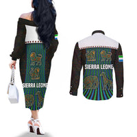 Sierra Leone Couples Matching Off The Shoulder Long Sleeve Dress and Long Sleeve Button Shirt with Tribal Animal Pattern Featuring Lion Elephant Giraffe and Monkey