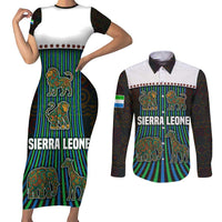 Sierra Leone Couples Matching Short Sleeve Bodycon Dress and Long Sleeve Button Shirt with Tribal Animal Pattern Featuring Lion Elephant Giraffe and Monkey