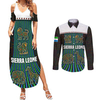 Sierra Leone Couples Matching Summer Maxi Dress and Long Sleeve Button Shirt with Tribal Animal Pattern Featuring Lion Elephant Giraffe and Monkey