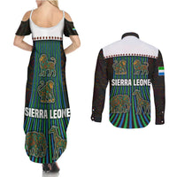 Sierra Leone Couples Matching Summer Maxi Dress and Long Sleeve Button Shirt with Tribal Animal Pattern Featuring Lion Elephant Giraffe and Monkey