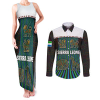 Sierra Leone Couples Matching Tank Maxi Dress and Long Sleeve Button Shirt with Tribal Animal Pattern Featuring Lion Elephant Giraffe and Monkey