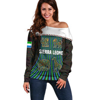 Sierra Leone Off Shoulder Sweater with Tribal Animal Pattern Featuring Lion Elephant Giraffe and Monkey