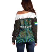 Sierra Leone Off Shoulder Sweater with Tribal Animal Pattern Featuring Lion Elephant Giraffe and Monkey