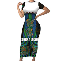 Sierra Leone Short Sleeve Bodycon Dress with Tribal Animal Pattern Featuring Lion Elephant Giraffe and Monkey