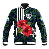 Sierra Leone Baseball Jacket with Red Hibiscus Floral Design and Tribal Swirl Pattern