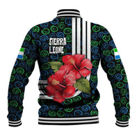 Sierra Leone Baseball Jacket with Red Hibiscus Floral Design and Tribal Swirl Pattern