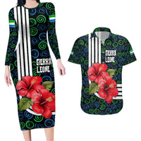 Sierra Leone Couples Matching Long Sleeve Bodycon Dress and Hawaiian Shirt with Red Hibiscus Floral Design and Tribal Swirl Pattern