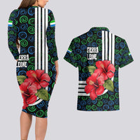 Sierra Leone Couples Matching Long Sleeve Bodycon Dress and Hawaiian Shirt with Red Hibiscus Floral Design and Tribal Swirl Pattern