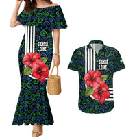 Sierra Leone Couples Matching Mermaid Dress and Hawaiian Shirt with Red Hibiscus Floral Design and Tribal Swirl Pattern