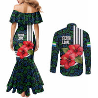 Sierra Leone Couples Matching Mermaid Dress and Long Sleeve Button Shirt with Red Hibiscus Floral Design and Tribal Swirl Pattern