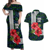 Sierra Leone Couples Matching Off Shoulder Maxi Dress and Hawaiian Shirt with Red Hibiscus Floral Design and Tribal Swirl Pattern