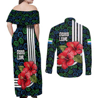 Sierra Leone Couples Matching Off Shoulder Maxi Dress and Long Sleeve Button Shirt with Red Hibiscus Floral Design and Tribal Swirl Pattern