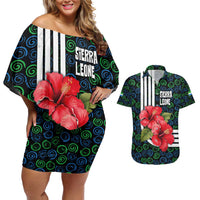 Sierra Leone Couples Matching Off Shoulder Short Dress and Hawaiian Shirt with Red Hibiscus Floral Design and Tribal Swirl Pattern