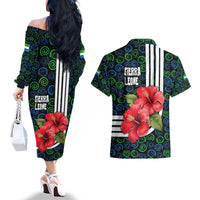 Sierra Leone Couples Matching Off The Shoulder Long Sleeve Dress and Hawaiian Shirt with Red Hibiscus Floral Design and Tribal Swirl Pattern