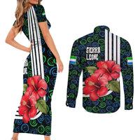 Sierra Leone Couples Matching Short Sleeve Bodycon Dress and Long Sleeve Button Shirt with Red Hibiscus Floral Design and Tribal Swirl Pattern