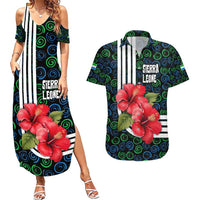 Sierra Leone Couples Matching Summer Maxi Dress and Hawaiian Shirt with Red Hibiscus Floral Design and Tribal Swirl Pattern