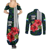 Sierra Leone Couples Matching Summer Maxi Dress and Long Sleeve Button Shirt with Red Hibiscus Floral Design and Tribal Swirl Pattern