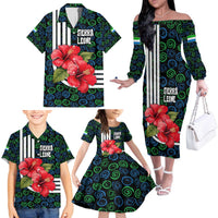 Sierra Leone Family Matching Off The Shoulder Long Sleeve Dress and Hawaiian Shirt with Red Hibiscus Floral Design and Tribal Swirl Pattern