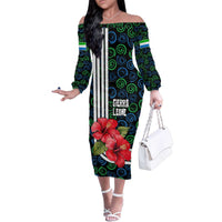 Sierra Leone Family Matching Off The Shoulder Long Sleeve Dress and Hawaiian Shirt with Red Hibiscus Floral Design and Tribal Swirl Pattern