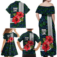 Sierra Leone Family Matching Off Shoulder Maxi Dress and Hawaiian Shirt with Red Hibiscus Floral Design and Tribal Swirl Pattern