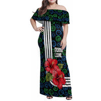 Sierra Leone Family Matching Off Shoulder Maxi Dress and Hawaiian Shirt with Red Hibiscus Floral Design and Tribal Swirl Pattern