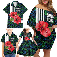Sierra Leone Family Matching Off Shoulder Short Dress and Hawaiian Shirt with Red Hibiscus Floral Design and Tribal Swirl Pattern