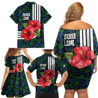 Sierra Leone Family Matching Off Shoulder Short Dress and Hawaiian Shirt with Red Hibiscus Floral Design and Tribal Swirl Pattern