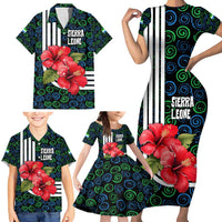 Sierra Leone Family Matching Short Sleeve Bodycon Dress and Hawaiian Shirt with Red Hibiscus Floral Design and Tribal Swirl Pattern