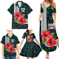 Sierra Leone Family Matching Summer Maxi Dress and Hawaiian Shirt with Red Hibiscus Floral Design and Tribal Swirl Pattern