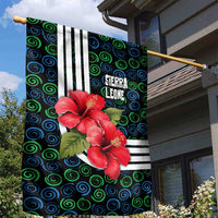 Sierra Leone Garden Flag with Red Hibiscus Floral Design and Tribal Swirl Pattern