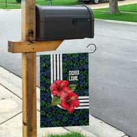Sierra Leone Garden Flag with Red Hibiscus Floral Design and Tribal Swirl Pattern