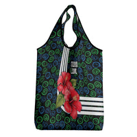Sierra Leone Grocery Bag with Red Hibiscus Floral Design and Tribal Swirl Pattern