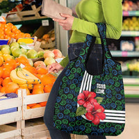 Sierra Leone Grocery Bag with Red Hibiscus Floral Design and Tribal Swirl Pattern