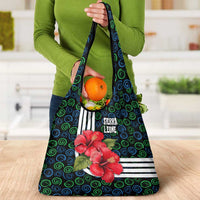 Sierra Leone Grocery Bag with Red Hibiscus Floral Design and Tribal Swirl Pattern