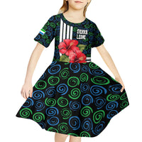 Sierra Leone Kid Short Sleeve Dress with Red Hibiscus Floral Design and Tribal Swirl Pattern