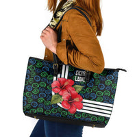 Sierra Leone Leather Tote Bag with Red Hibiscus Floral Design and Tribal Swirl Pattern