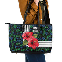 Sierra Leone Leather Tote Bag with Red Hibiscus Floral Design and Tribal Swirl Pattern