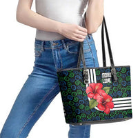 Sierra Leone Leather Tote Bag with Red Hibiscus Floral Design and Tribal Swirl Pattern