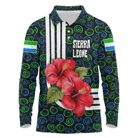 Sierra Leone Long Sleeve Polo Shirt with Red Hibiscus Floral Design and Tribal Swirl Pattern