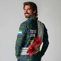 Sierra Leone Long Sleeve Polo Shirt with Red Hibiscus Floral Design and Tribal Swirl Pattern