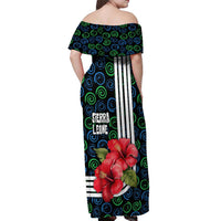 Sierra Leone Off Shoulder Maxi Dress with Red Hibiscus Floral Design and Tribal Swirl Pattern