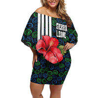 Sierra Leone Off Shoulder Short Dress with Red Hibiscus Floral Design and Tribal Swirl Pattern