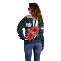 Sierra Leone Off Shoulder Sweater with Red Hibiscus Floral Design and Tribal Swirl Pattern