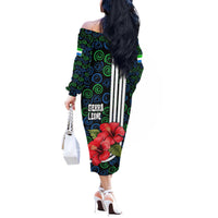 Sierra Leone Off The Shoulder Long Sleeve Dress with Red Hibiscus Floral Design and Tribal Swirl Pattern