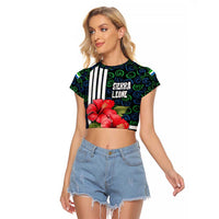 Sierra Leone Raglan Cropped T Shirt with Red Hibiscus Floral Design and Tribal Swirl Pattern