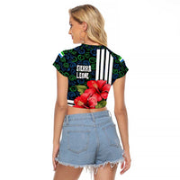 Sierra Leone Raglan Cropped T Shirt with Red Hibiscus Floral Design and Tribal Swirl Pattern