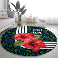 Sierra Leone Round Carpet with Red Hibiscus Floral Design and Tribal Swirl Pattern